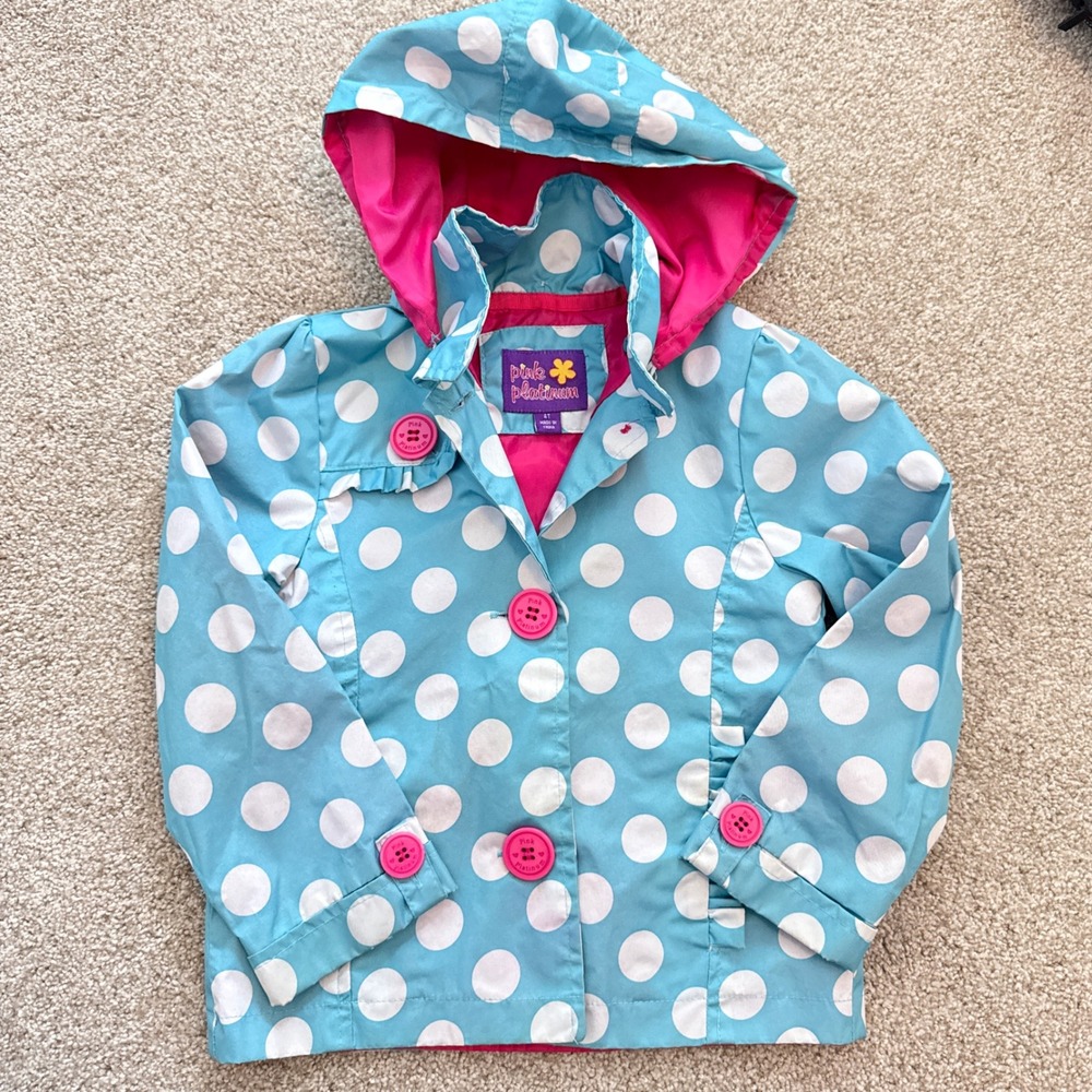 Pink Platinum Raincoat Girls 4T Blue White Polka Dot Pink Lining Hooded Jacket